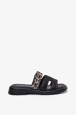 Clearance Skórzane Klapki Damskie Z Rzepem Panterka Vinceza 66769 Czarne Damskie Klapki Damskie Klasyczne