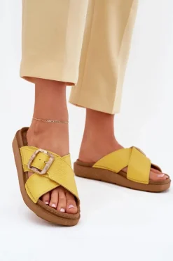 Best INBLU Skórzane Klapki Damskie Z Klamrą ED0003IU Żółte Żółty