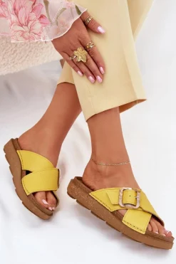 Best INBLU Skórzane Klapki Damskie Z Klamrą ED0003IU Żółte Żółty