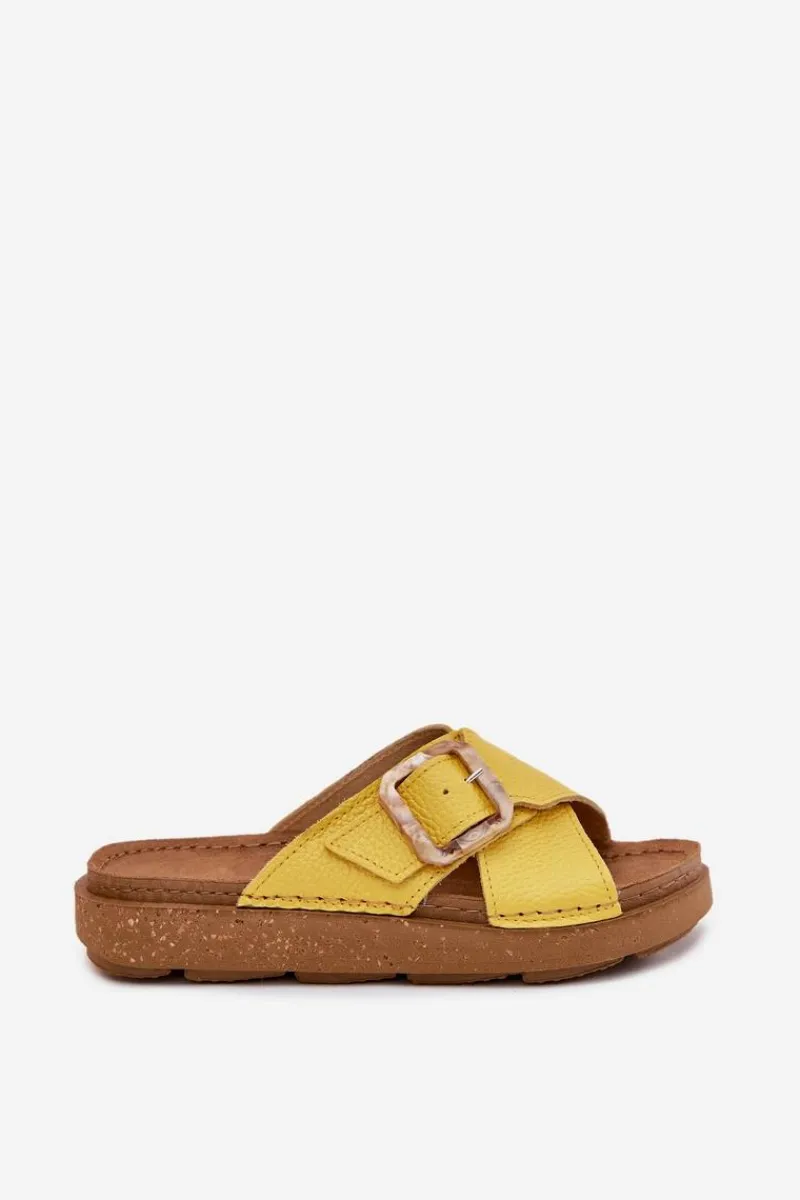 Best INBLU Skórzane Klapki Damskie Z Klamrą ED0003IU Żółte Żółty