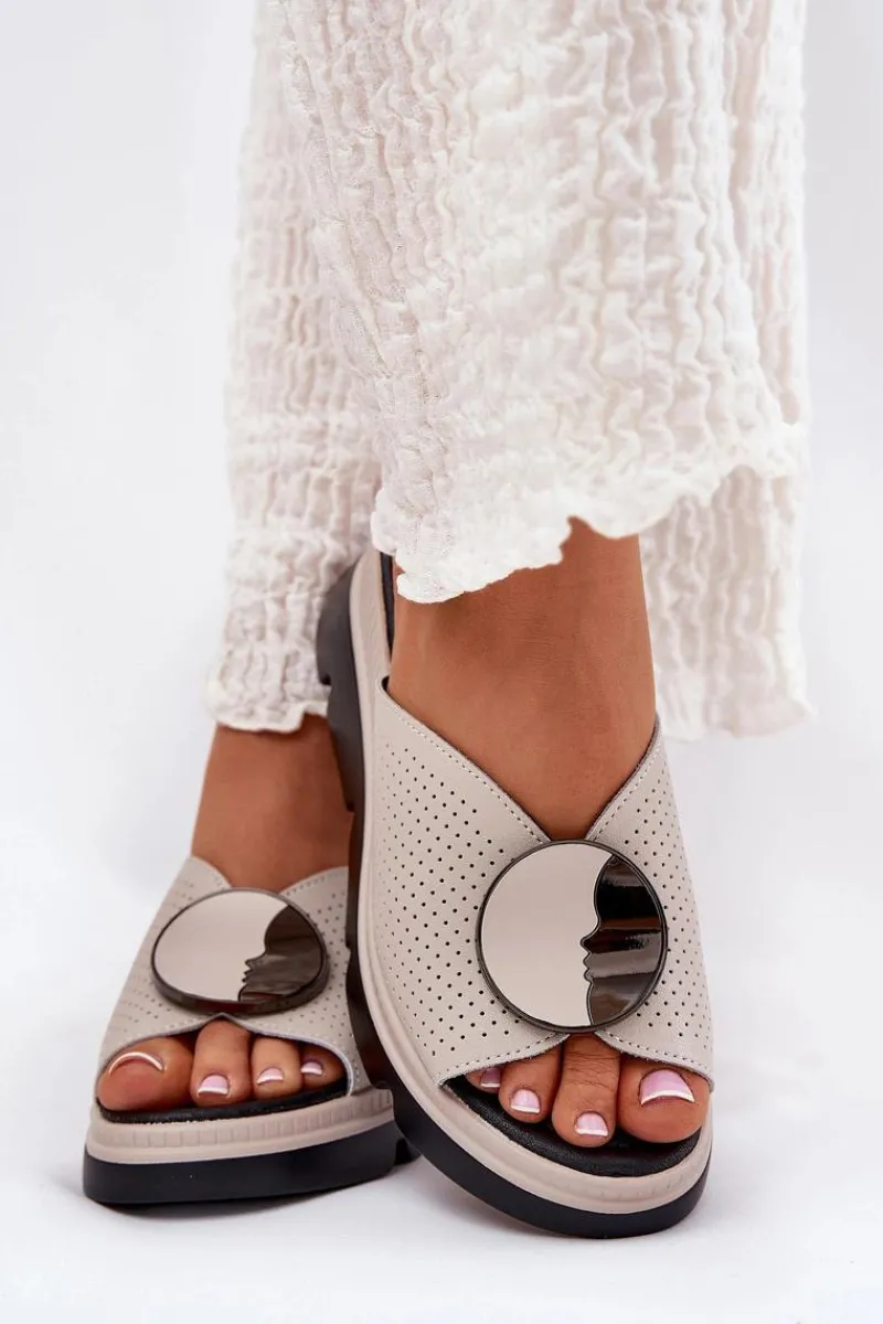 Discount Skórzane Klapki Damskie Z Ozdobą S.Barski LR51-662 Beżowe Damskie Klapki Na Koturnie|Klapki Na Platformie