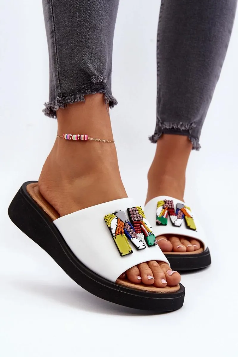 Skórzane Klapki Damskie Z Ozdobą Białe Asames Damskie Klapki Na Platformie|Klapki Damskie Klasyczne