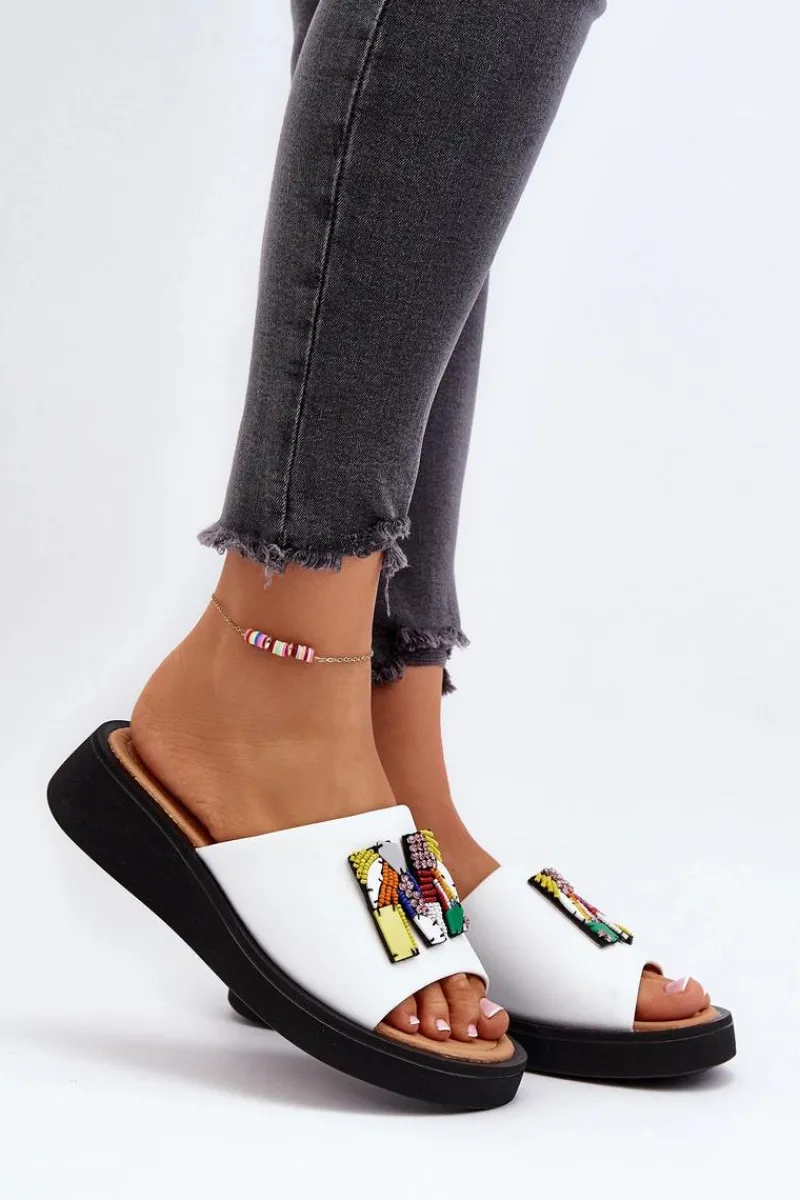 Skórzane Klapki Damskie Z Ozdobą Białe Asames Damskie Klapki Na Platformie|Klapki Damskie Klasyczne