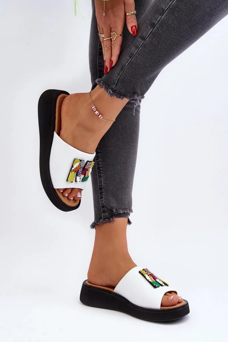 Skórzane Klapki Damskie Z Ozdobą Białe Asames Damskie Klapki Na Platformie|Klapki Damskie Klasyczne