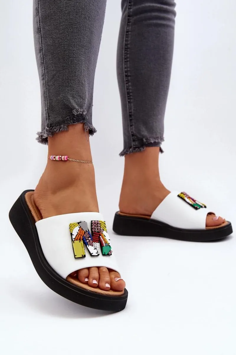 Skórzane Klapki Damskie Z Ozdobą Białe Asames Damskie Klapki Na Platformie|Klapki Damskie Klasyczne