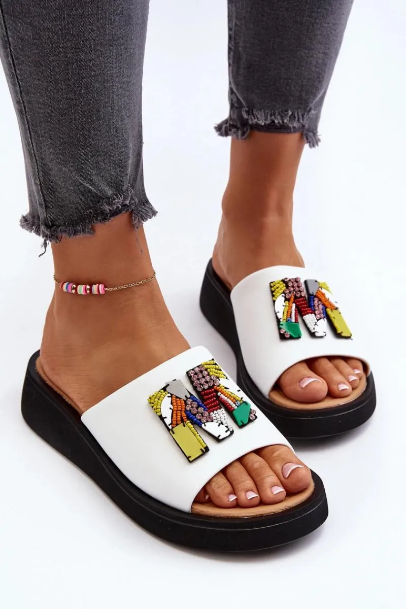 Skórzane Klapki Damskie Z Ozdobą Białe Asames Damskie Klapki Na Platformie|Klapki Damskie Klasyczne