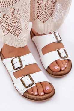 Online INBLU Skórzane Klapki Damskie Z Klarami AA0002KU Białe