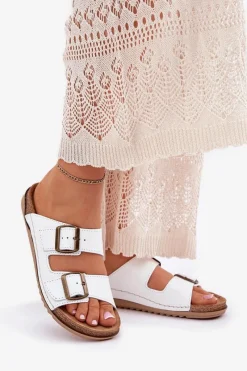 Online INBLU Skórzane Klapki Damskie Z Klarami AA0002KU Białe