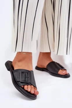 Klapki Damskie Klasyczne>Damskie buty S.Barski Skórzane Klapki Damskie Z Klamrą D&A SJ2302-01 Czarne Czarny