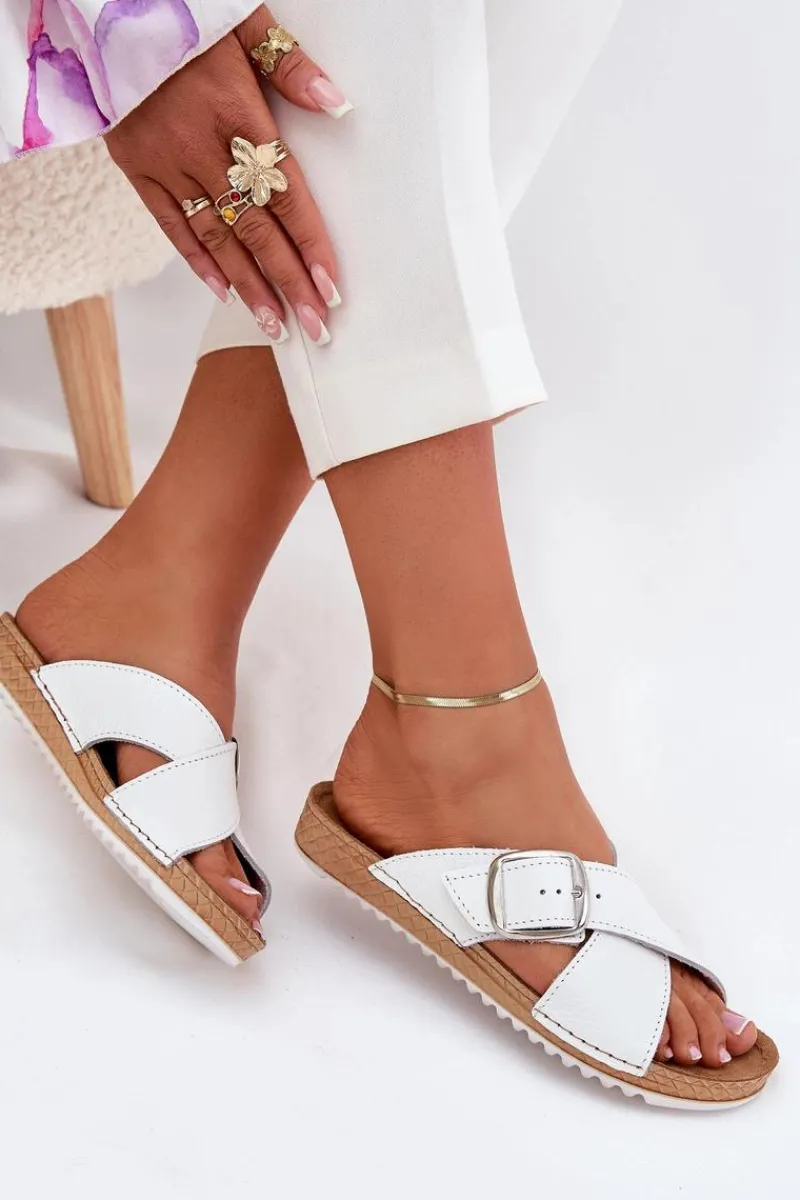 Klapki Na Platformie|Klapki Damskie Klasyczne>INBLU Skórzane Klapki Damskie Z Klamrą VO0004GU Białe