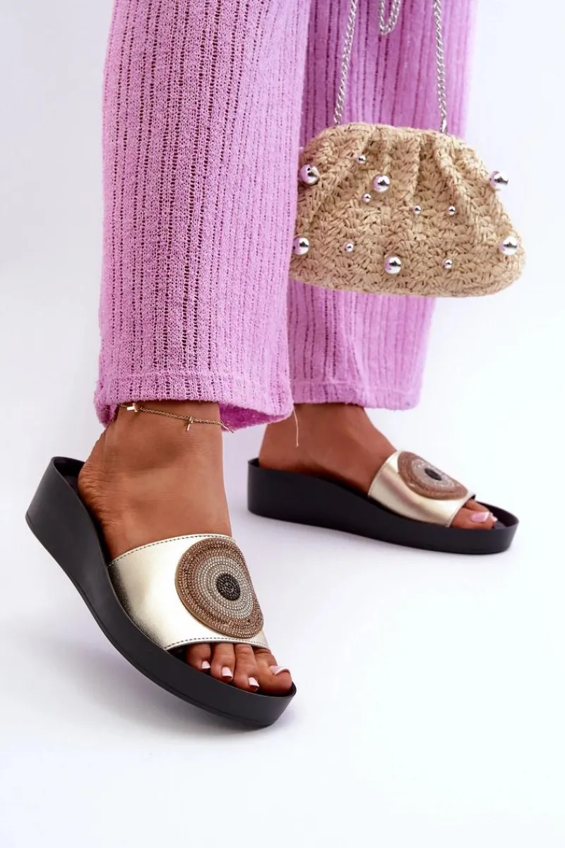 Klapki Na Koturnie|Klapki Na Platformie>Damskie buty S.Barski Skórzane Klapki Damskie Z Ozdobą S.Barski KV27-019 Złote