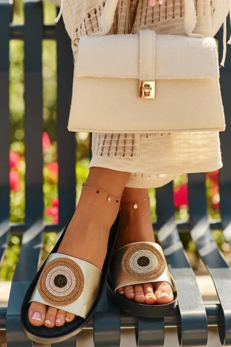 Klapki Na Koturnie|Klapki Na Platformie>Damskie buty S.Barski Skórzane Klapki Damskie Z Ozdobą S.Barski KV27-019 Złote