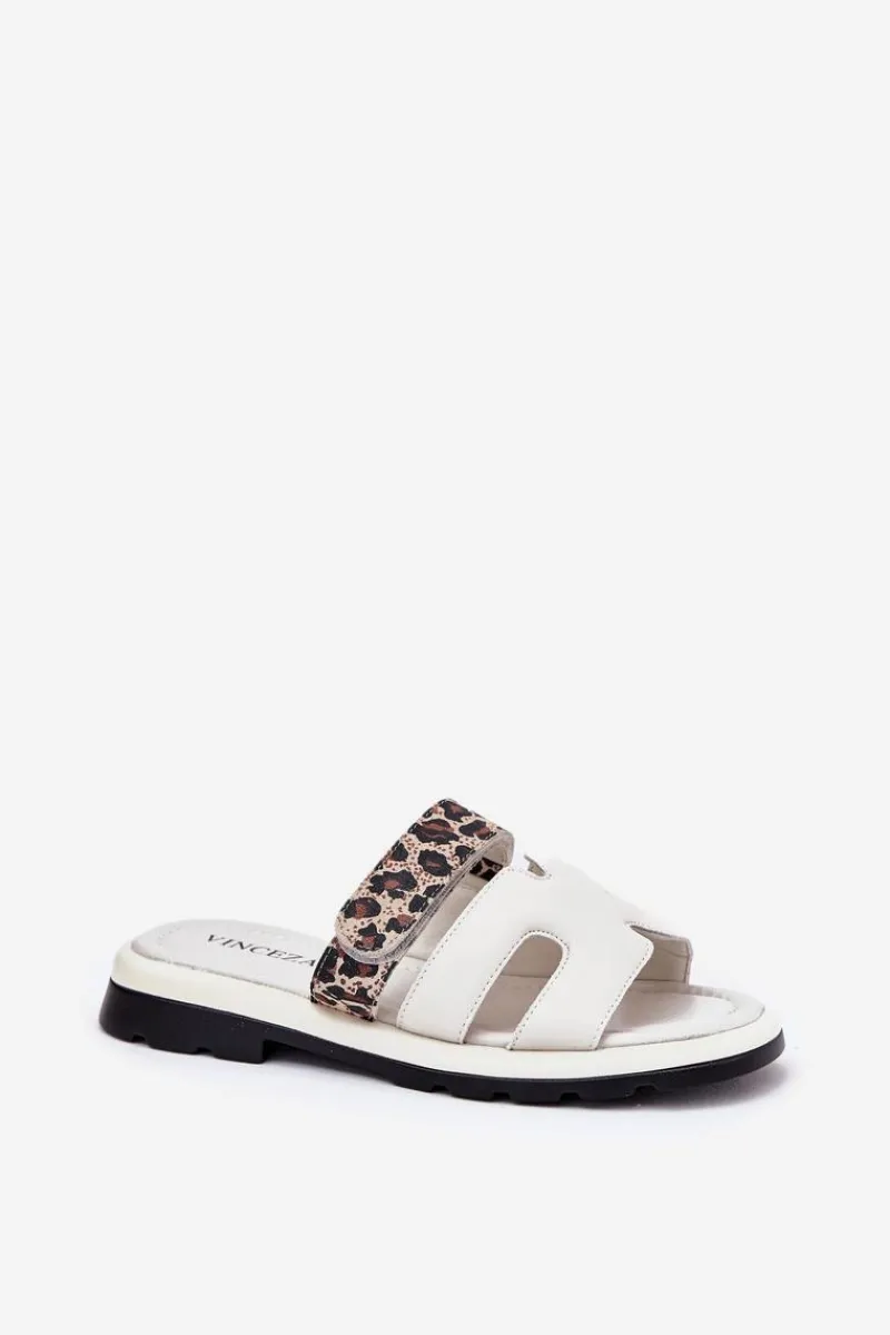 Klapki Damskie Klasyczne>Buty damskie Vinceza Skórzane Klapki Damskie Z Rzepem Panterka Vinceza 66769 Jasnobeżowe Beżowy