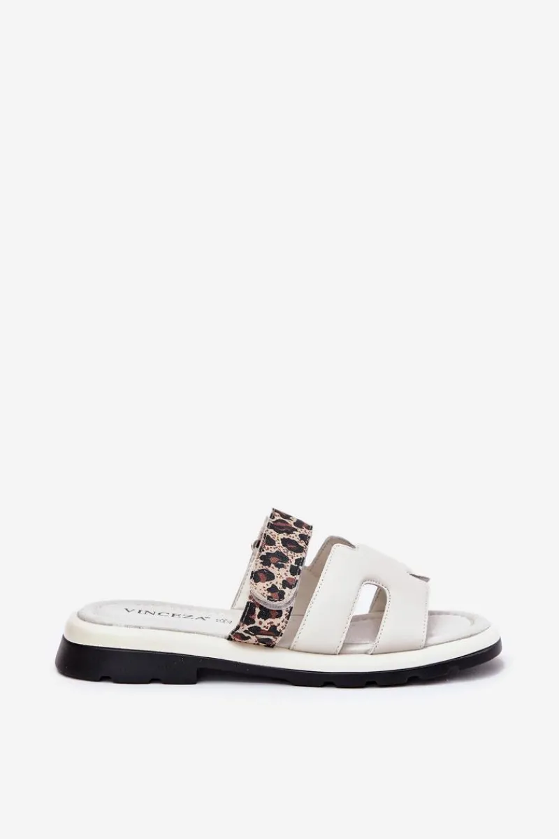 Klapki Damskie Klasyczne>Buty damskie Vinceza Skórzane Klapki Damskie Z Rzepem Panterka Vinceza 66769 Jasnobeżowe Beżowy