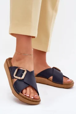 Klapki Na Platformie|Klapki Damskie Klasyczne>INBLU Skórzane Klapki Damskie Z Klamrą ED0003IU Granatowe Niebieski