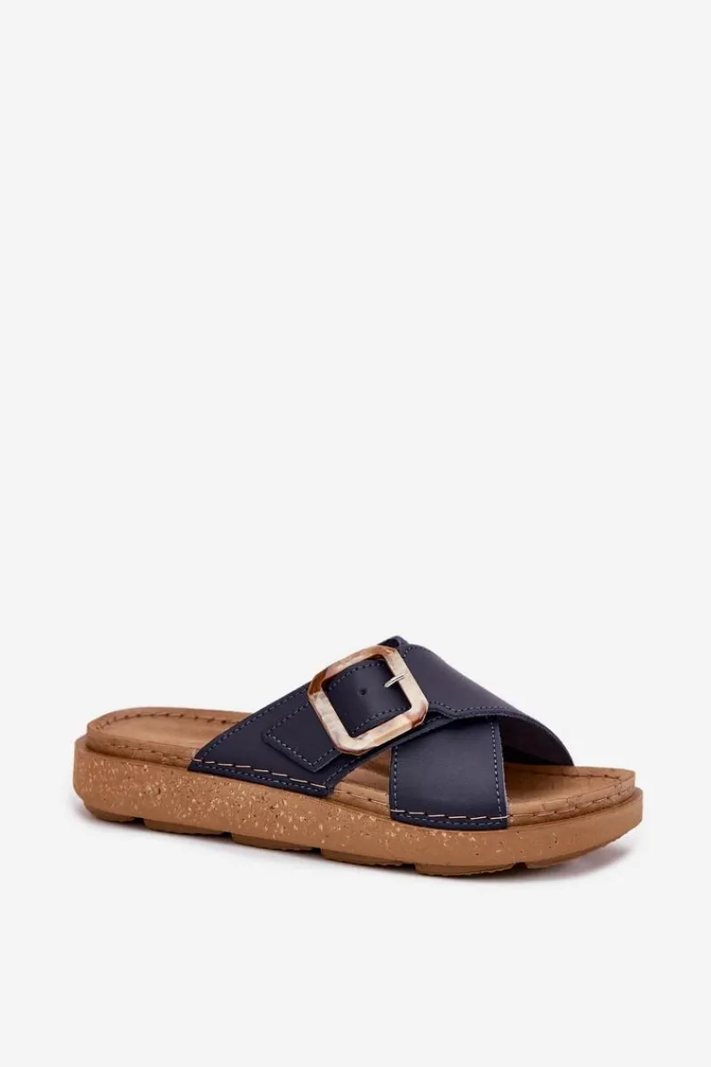 Klapki Na Platformie|Klapki Damskie Klasyczne>INBLU Skórzane Klapki Damskie Z Klamrą ED0003IU Granatowe Niebieski