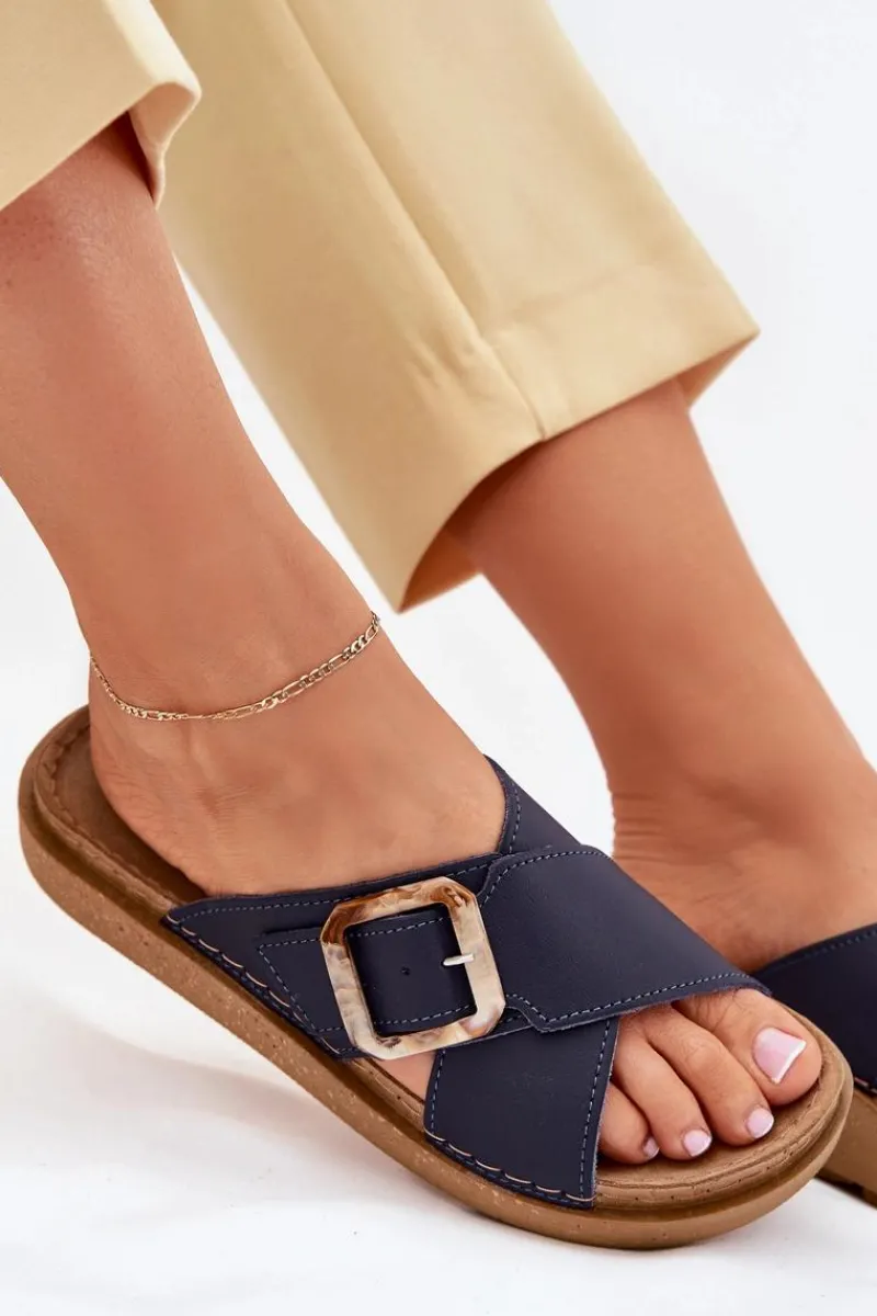 Klapki Na Platformie|Klapki Damskie Klasyczne>INBLU Skórzane Klapki Damskie Z Klamrą ED0003IU Granatowe Niebieski