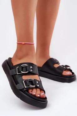 New Big Star Shoes Skórzane Klapki Damskie Z Ozdobnymi Klamrami Big Star RR274658 Czarne Czarny