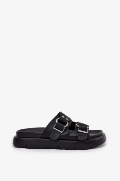 New Big Star Shoes Skórzane Klapki Damskie Z Ozdobnymi Klamrami Big Star RR274658 Czarne Czarny