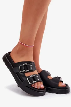 New Big Star Shoes Skórzane Klapki Damskie Z Ozdobnymi Klamrami Big Star RR274658 Czarne Czarny