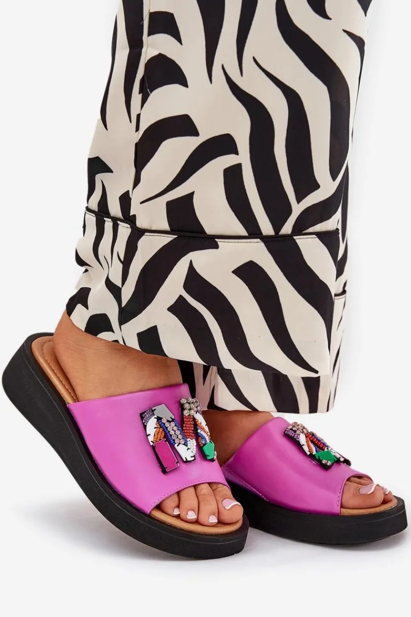 Klapki Na Platformie|Klapki Damskie Klasyczne>Buty damskie Vinceza Skórzane Klapki Damskie Z Ozdobą Fuksja Asames