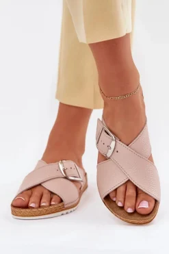 Klapki Na Platformie|Klapki Damskie Klasyczne>INBLU Skórzane Klapki Damskie Z Klamrą VO0004GU Różowe Różowy