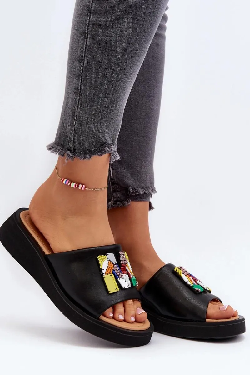 Klapki Na Platformie|Klapki Damskie Klasyczne>Buty damskie Vinceza Skórzane Klapki Damskie Z Ozdobą Czarne Asames Czarny