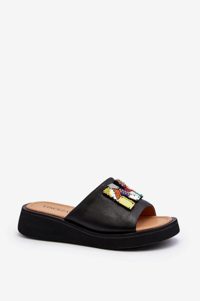 Klapki Na Platformie|Klapki Damskie Klasyczne>Buty damskie Vinceza Skórzane Klapki Damskie Z Ozdobą Czarne Asames Czarny