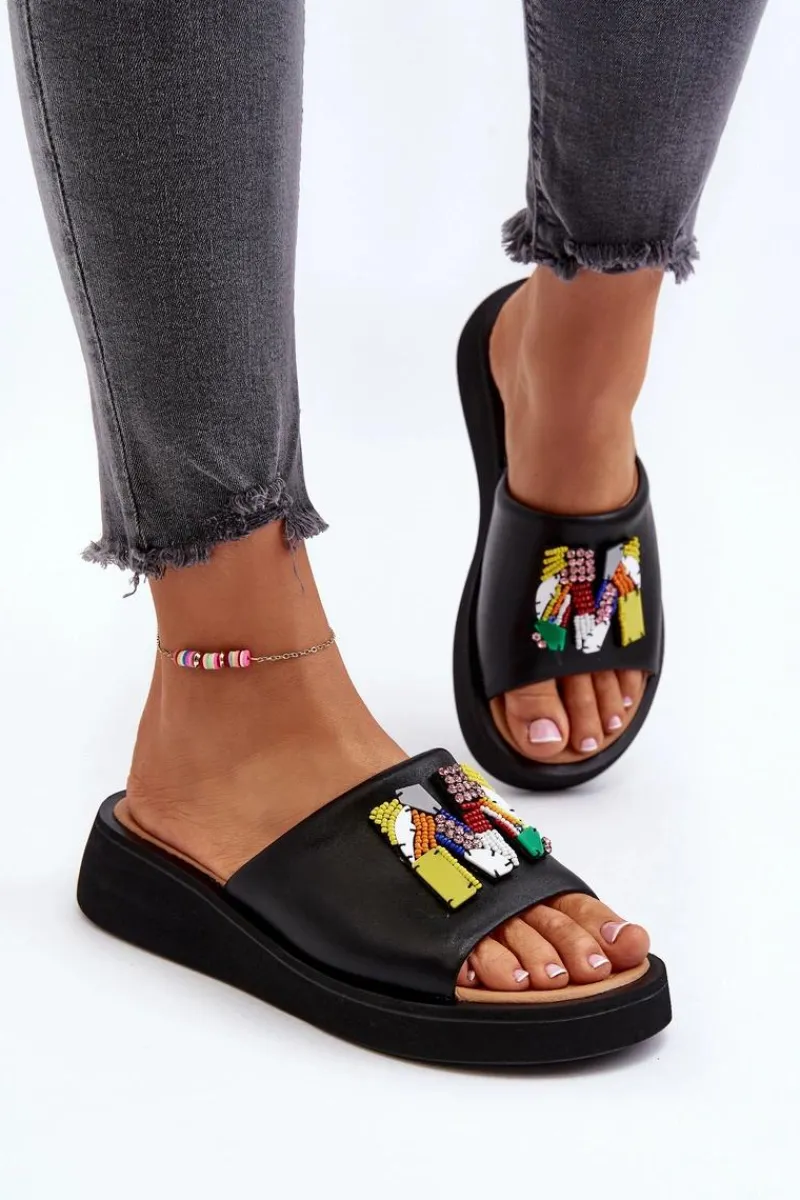 Klapki Na Platformie|Klapki Damskie Klasyczne>Buty damskie Vinceza Skórzane Klapki Damskie Z Ozdobą Czarne Asames Czarny