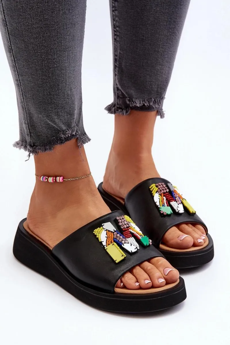 Klapki Na Platformie|Klapki Damskie Klasyczne>Buty damskie Vinceza Skórzane Klapki Damskie Z Ozdobą Czarne Asames Czarny