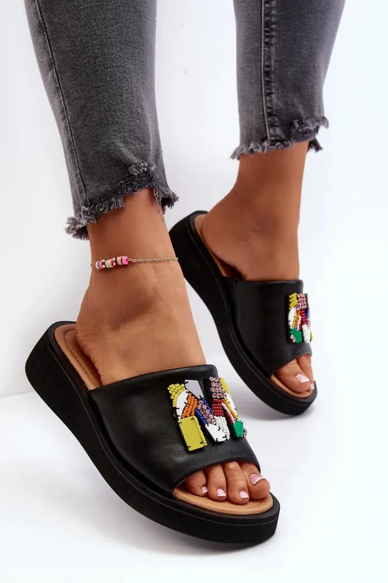 Klapki Na Platformie|Klapki Damskie Klasyczne>Buty damskie Vinceza Skórzane Klapki Damskie Z Ozdobą Czarne Asames Czarny