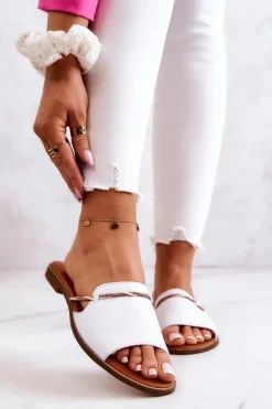 Discount Skórzane Klapki Lewski Shoes 3047 Białe Damskie Klapki Damskie Klasyczne