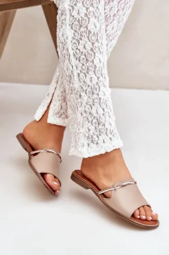 Sale Skórzane Klapki Lewski Shoes 3047 Ciemnobeżowe Damskie Klapki Damskie Klasyczne