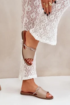 Sale Skórzane Klapki Lewski Shoes 3047 Ciemnobeżowe Damskie Klapki Damskie Klasyczne