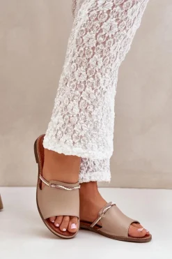 Sale Skórzane Klapki Lewski Shoes 3047 Ciemnobeżowe Damskie Klapki Damskie Klasyczne