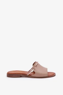 Sale Skórzane Klapki Lewski Shoes 3047 Ciemnobeżowe Damskie Klapki Damskie Klasyczne