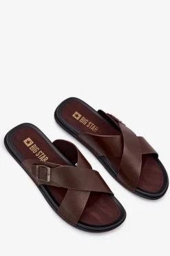 Best Skórzane Klapki Męskie Z Klamrą Big Star RR174077 Brązowe Męskie Klapki Męskie Big Star|Klapki Męskie Klasyczne