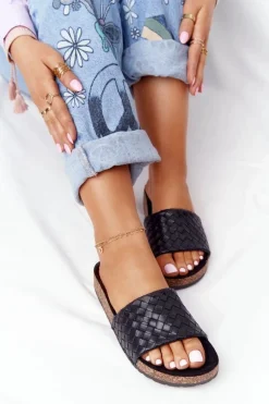 Best Boto Skórzane Klapki Na Korkowej Podeszwie Czarne Catalina