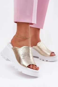 Klapki Na Koturnie|Klapki Damskie Klasyczne>Boto Skórzane Klapki Na Koturnie Artiker 56C0435 Złote