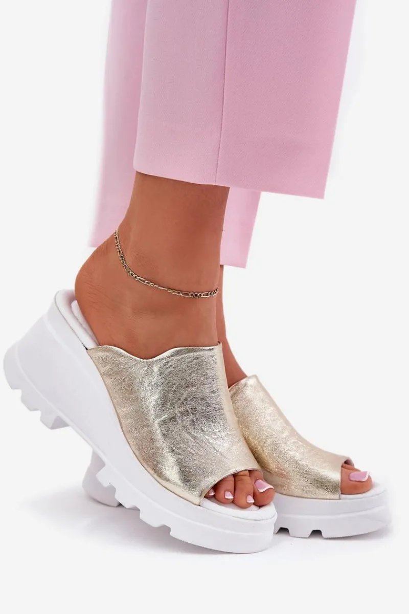 Klapki Na Koturnie|Klapki Damskie Klasyczne>Boto Skórzane Klapki Na Koturnie Artiker 56C0435 Złote