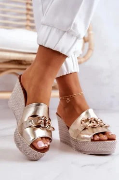 Sale Boto Skórzane Klapki Na Koturnie Lewski 3062 Złote