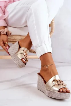 Sale Boto Skórzane Klapki Na Koturnie Lewski 3062 Złote