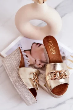 Sale Boto Skórzane Klapki Na Koturnie Lewski 3062 Złote