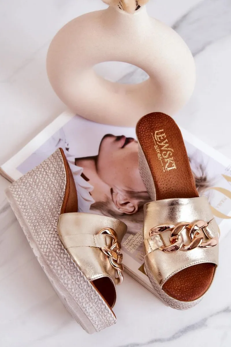 Sale Boto Skórzane Klapki Na Koturnie Lewski 3062 Złote