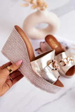 Sale Boto Skórzane Klapki Na Koturnie Lewski 3062 Złote