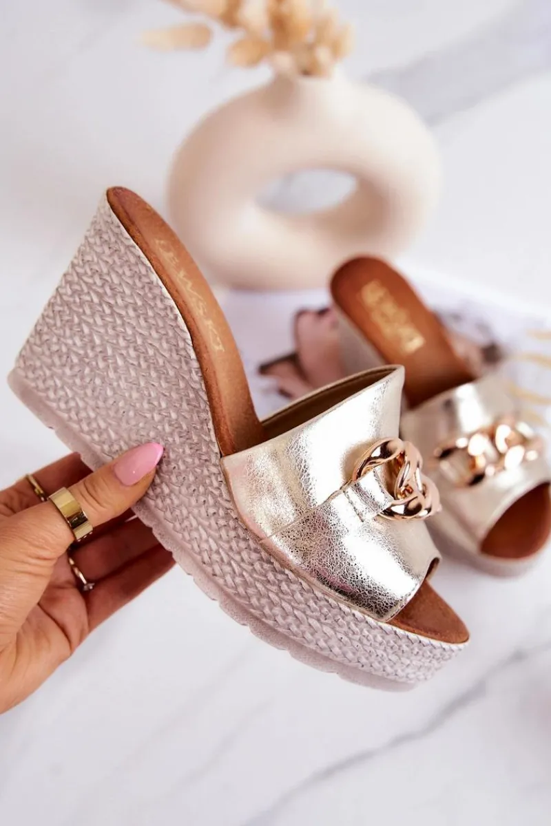 Sale Boto Skórzane Klapki Na Koturnie Lewski 3062 Złote