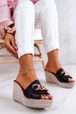 Sale Skórzane Klapki Na Koturnie Lewski 3062 Czarne Damskie Klapki Na Koturnie|Klapki Na Obcasie