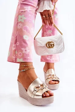 Klapki Na Koturnie|Klapki Na Obcasie>Boto Skórzane Klapki Na Koturnie Lewski 3062 Złoto-Szare