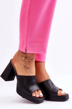 Clearance Skórzane Klapki Na Obcasie Czarne Livesa Damskie Klapki Na Obcasie|Klapki Damskie Klasyczne