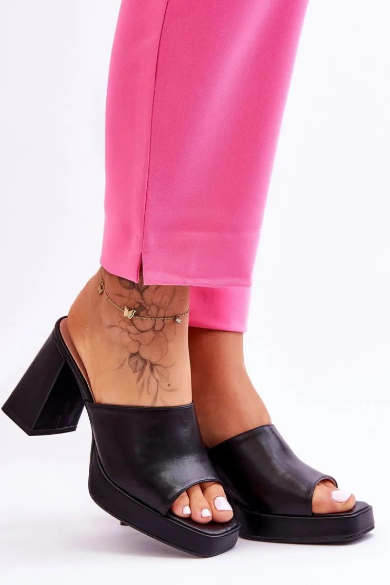 Clearance Skórzane Klapki Na Obcasie Czarne Livesa Damskie Klapki Na Obcasie|Klapki Damskie Klasyczne